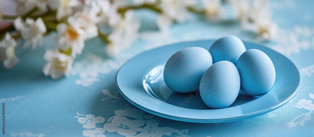 Aufkleber blue easter eggs arranged neatly on a blue plate with floral background for a festive spring table s