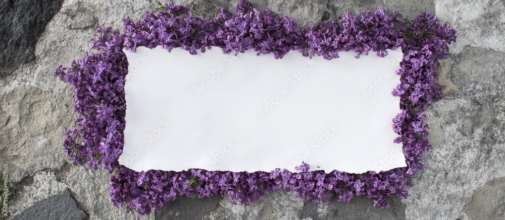 Poster lilac flowers framing a blank sheet of paper on a textured stone background creating an elegant flat
