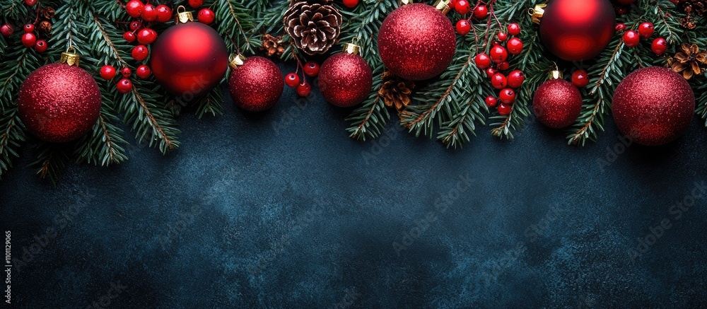 Aufkleber Christmas decorations with red ornaments and pinecones on evergreen twigs creating a festive frame with dark copy space below