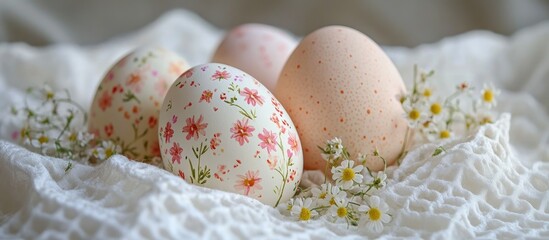 Easter eggs in soft pastel tones with floral decorations placed on a textured white cloth creating a serene and minimalistic look