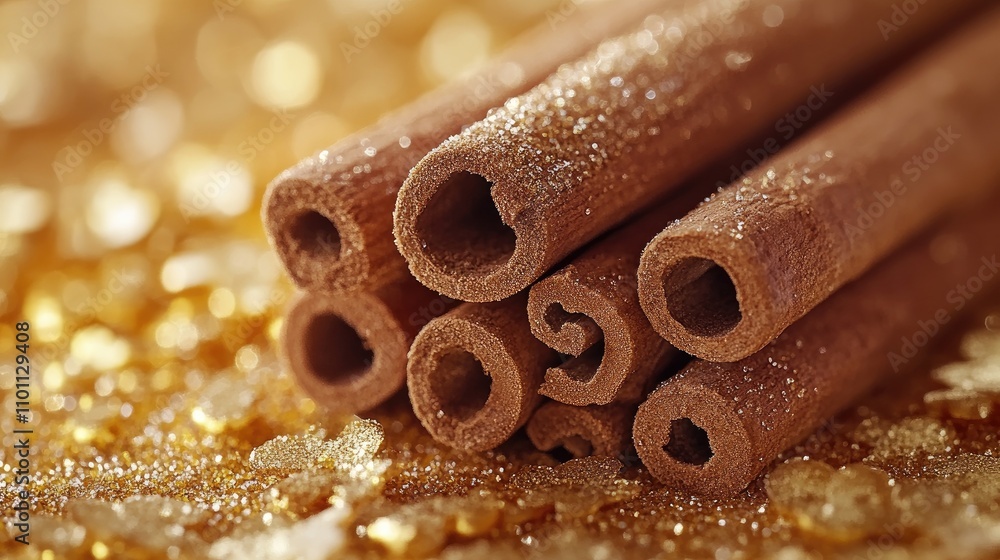 Poster elegant cinnamon sticks piled on a golden backdrop showcasing aromatic spices ideal for culinary cre