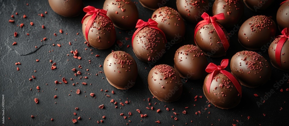 Poster chocolate eggs of different sizes decorated with red ribbons on a dark background festive holiday th