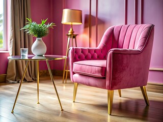 Pink Velvet Armchair Gold Legs Macro Photography Interior Design Pink Room Side Table