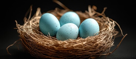 Obraz premium Blue speckled eggs nestled in a natural nest against a dramatic black background showcasing nature's delicate beauty.