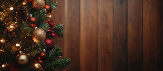 Christmas tree branches decorated with ornaments and fairy lights showcasing a warm holiday ambiance against a rustic wooden backdrop