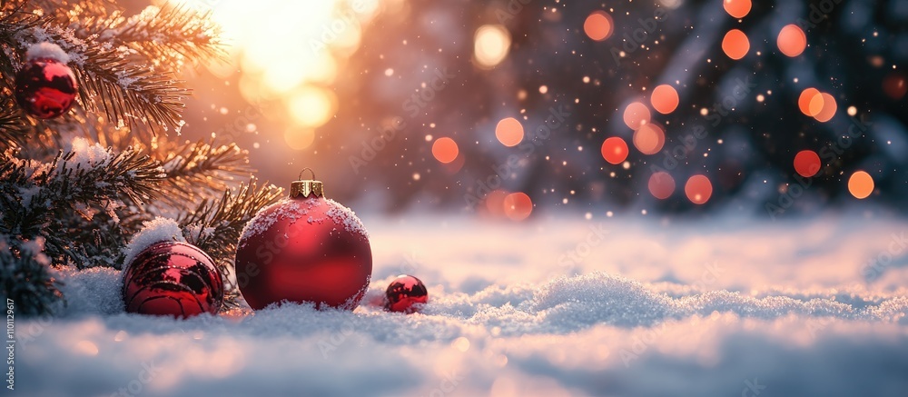 Aufkleber christmas tree with red ornaments surrounded by snow with soft glowing lights and a warm sunset in t