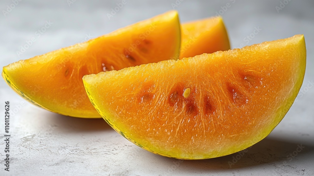 Poster vibrant yellow watermelon slices arranged on a light background showcasing their unique color and te