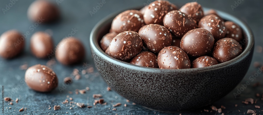Aufkleber festive chocolate easter candy eggs in a decorative bowl on a rustic table setting