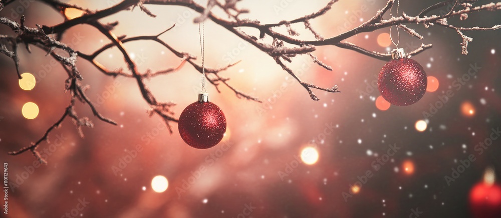Aufkleber festive christmas background with glowing branches and sparkling red ornaments against a warm bokeh 