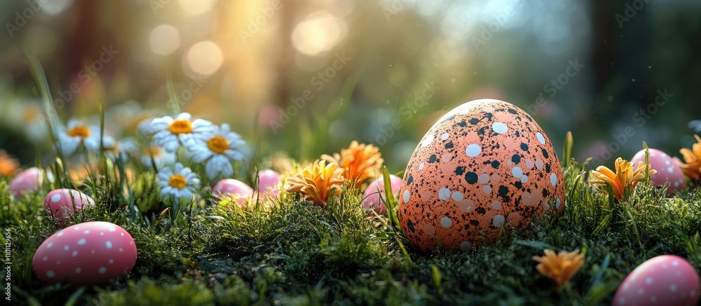 Poster colorful easter egg surrounded by flowers and grass in a serene spring setting with soft sunlight cr