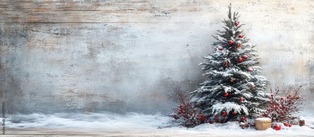 Poster snowy fir tree decorated for christmas against a rustic wooden backdrop with ample copy space for se
