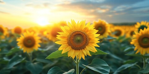 Obraz premium Vibrant sunflower field with lush green sunflowers illuminated by a bright sunrise under a clear blue sky, creating a stunning landscape filled with nature s beauty and tranquility.