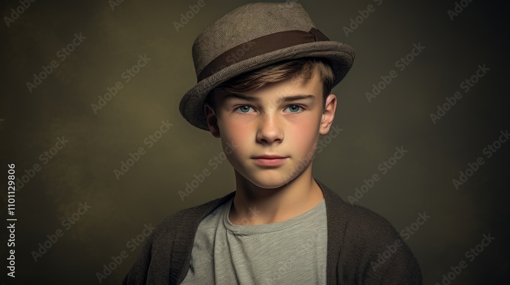 Poster portrait of a twelve year old boy wearing a hat with a serious expression against a muted retro back