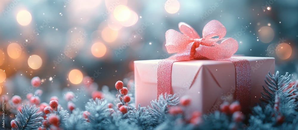 Poster christmas gift box adorned with a ribbon surrounded by festive foliage and soft bokeh lights creatin
