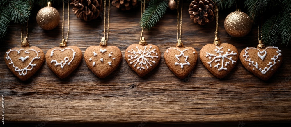 Aufkleber gingerbread heart cookies adorned with icing decorations hanging above a rustic wooden surface for a