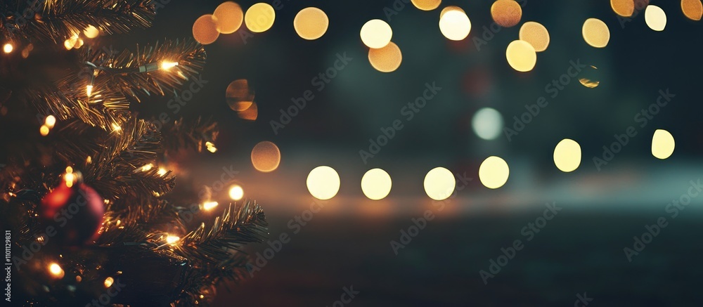 Poster warm and festive bokeh background of christmas lights with a softly blurred tree silhouette creating