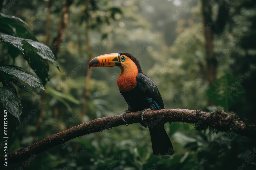 Poster a vibrant toucan perched on a branch amidst lush greenery in a misty rainforest setting, showcasing 