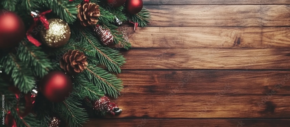 Poster christmas wooden backdrop with fir tree decorations and pine cones overhead view featuring empty spa