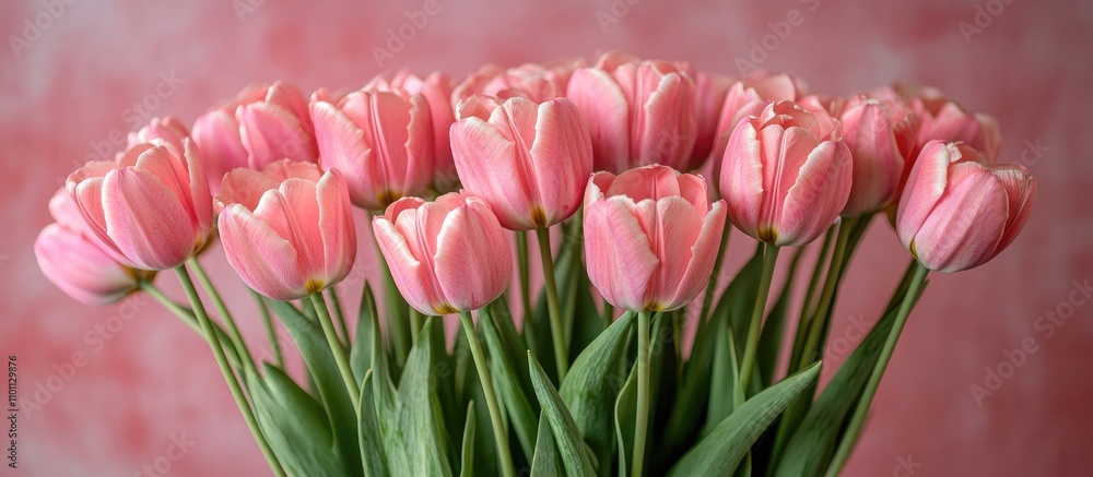 Poster Pink tulip bouquet on a soft pink background with ample copy space for floral design or greeting card applications