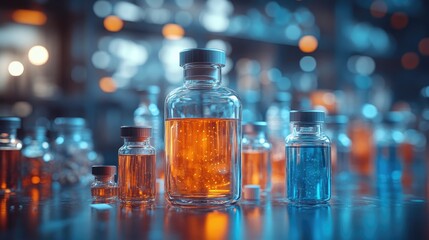 Vibrant medicinal liquids in glass vials set against a blurred laboratory background showcasing a diverse array of pharmaceutical preparations
