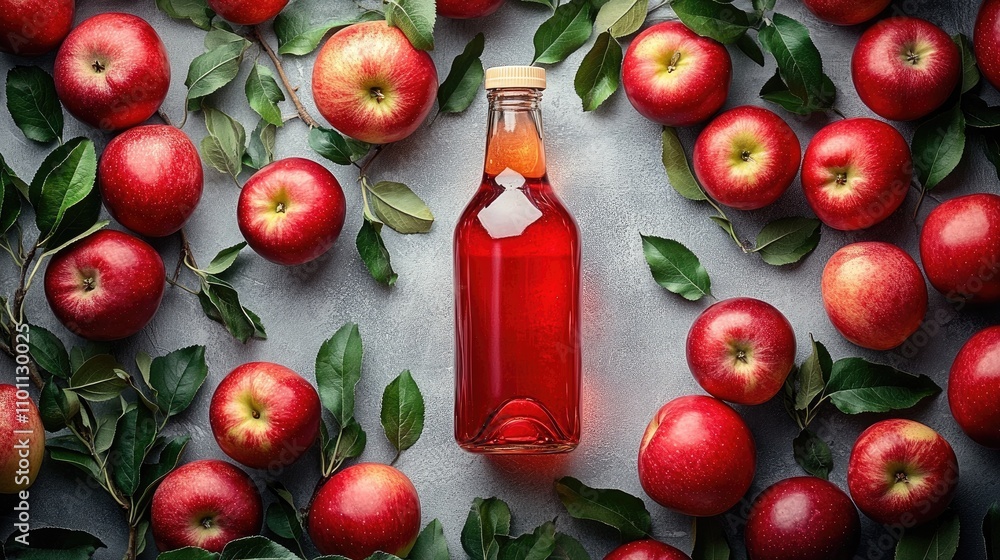 Aufkleber bottle of apple cider vinegar surrounded by fresh red apples and green leaves on a textured surface 