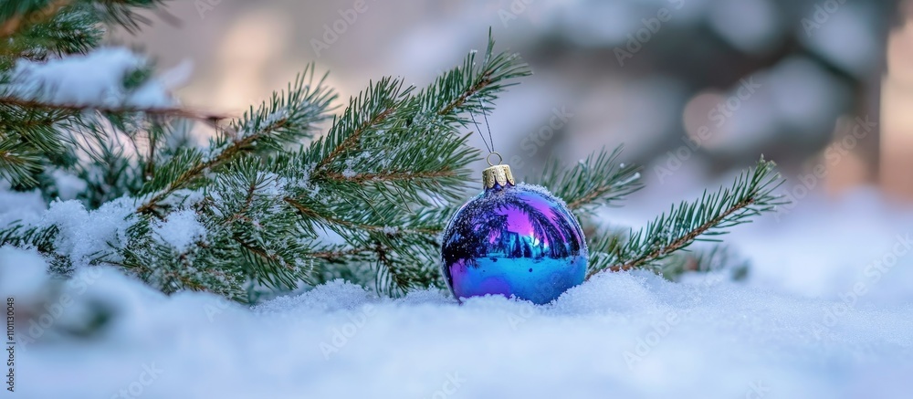 Aufkleber christmas tree branches adorned with colorful ornaments resting on fresh snow creating a serene wint