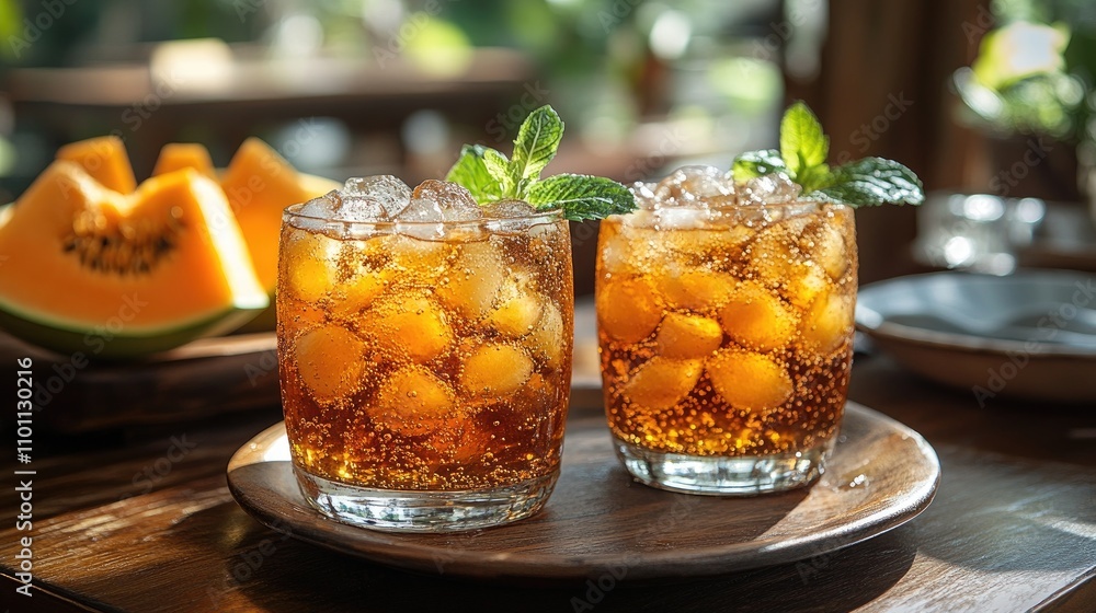 Poster refreshing soda drinks with cantaloupe balls garnished with mint in a cozy setting on a wooden tray.