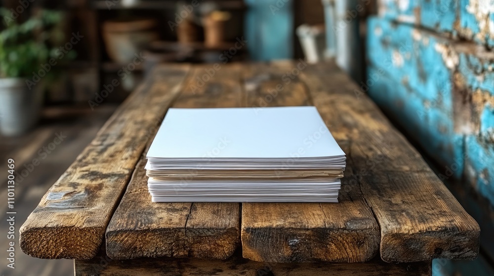 Poster blank portrait mockup of stacked paper sheets on a rustic wooden table ideal for brochure and magazi