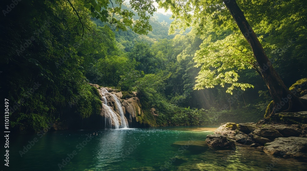 Aufkleber a serene forest scene featuring a tranquil waterfall cascading into a clear pool, surrounded by lush