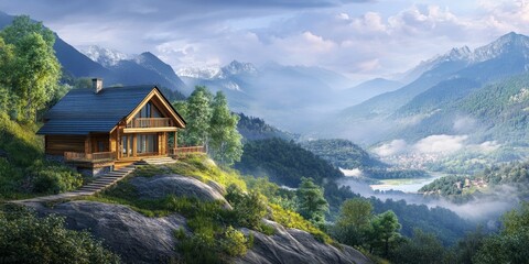 Scenic landscape featuring a wooden house nestled on a mountain, showcasing the serene beauty of nature and the charming appeal of a wooden house in a breathtaking setting.