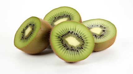Fototapeta premium Fresh kiwi fruit halves showcasing vibrant green flesh and seeds on a clean white background ideal for healthy food concepts.