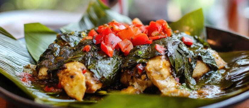 Peruvian jungle cuisine featuring Chicken Juane wrapped in bijao leaves showcased during the San Juan celebration with vibrant toppings
