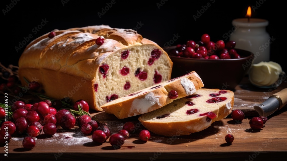 Poster cranberry bread loaf sliced on a rustic table surrounded by fresh cranberries and candlelight atmosp