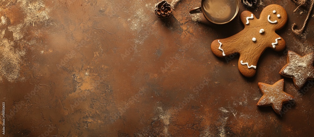 Poster gingerbread cookies and warm beverage displayed on a rustic table setting for festive holidays with 