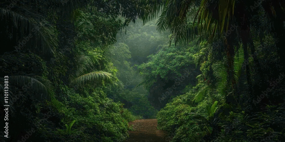 Poster a serene, misty forest path surrounded by lush greenery, evoking a sense of tranquility and connecti