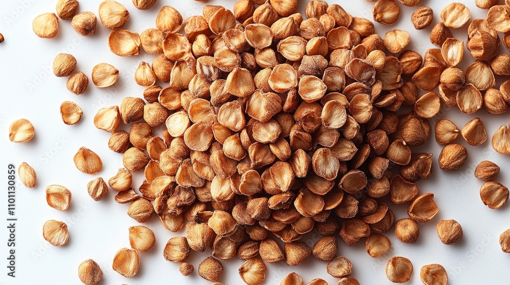 Poster Buckwheat seeds displayed in a pile against a clean white background showcasing their unique texture and natural color.