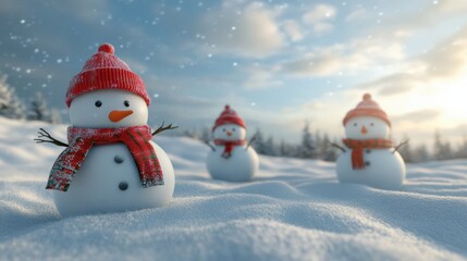 Fototapeta premium Little snowman in caps and scarfs on snow in the winter. Background with a funny snowman. Christmas card.