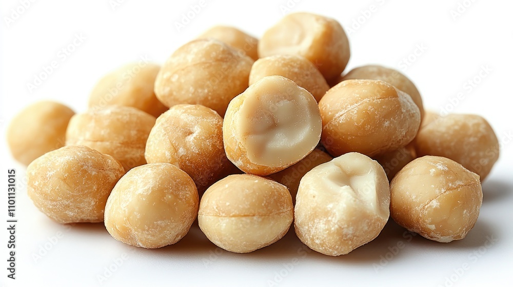 Poster heap of closed macadamia nuts with a white isolated background showcasing their smooth texture and n