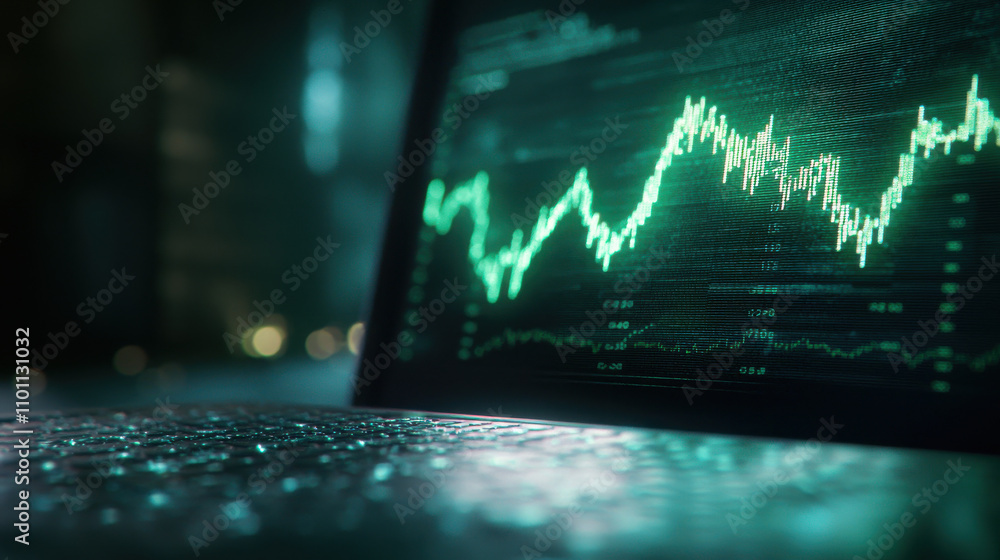 Poster close up of computer screen displaying stock graph with green lines, showcasing market trends and da