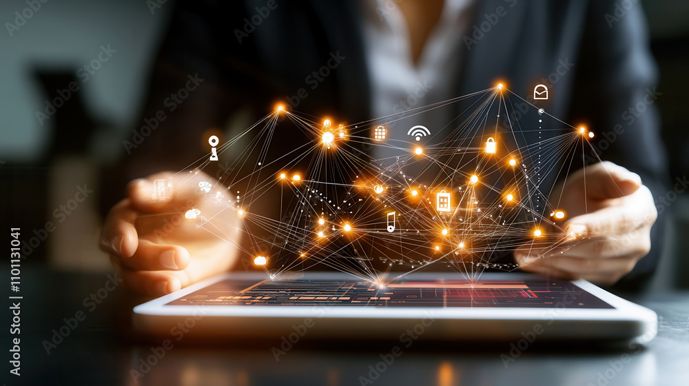 Poster digital network connections displayed on tablet, showcasing technology and innovation. person intera