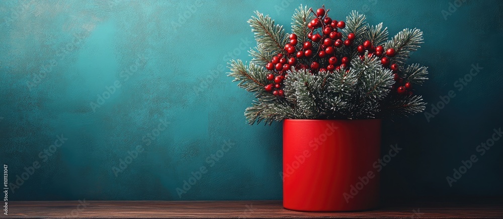 Aufkleber christmas decoration featuring pine needles and red berries in a red container set against a texture