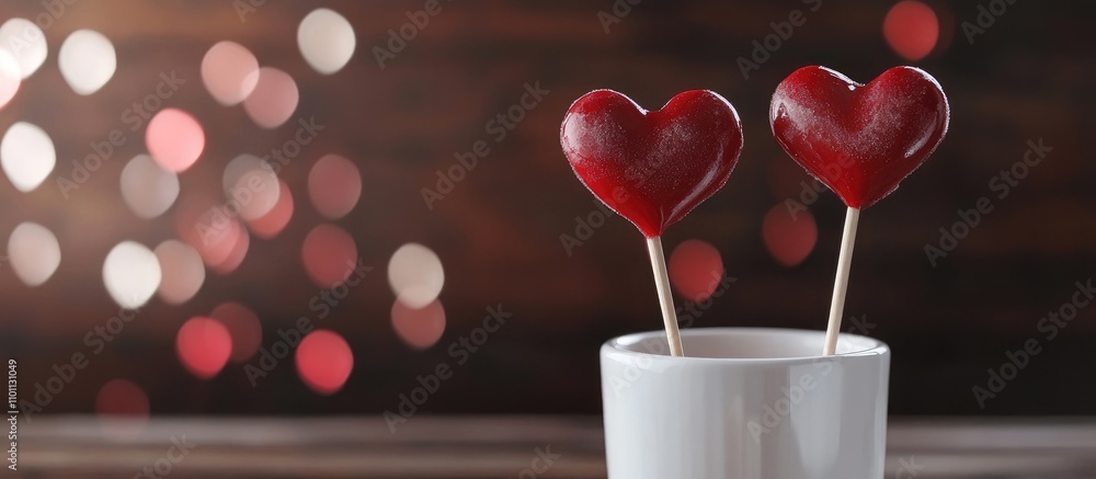 Poster heart-shaped candy on sticks in a white cup with a blurred bokeh background creating a romantic and 
