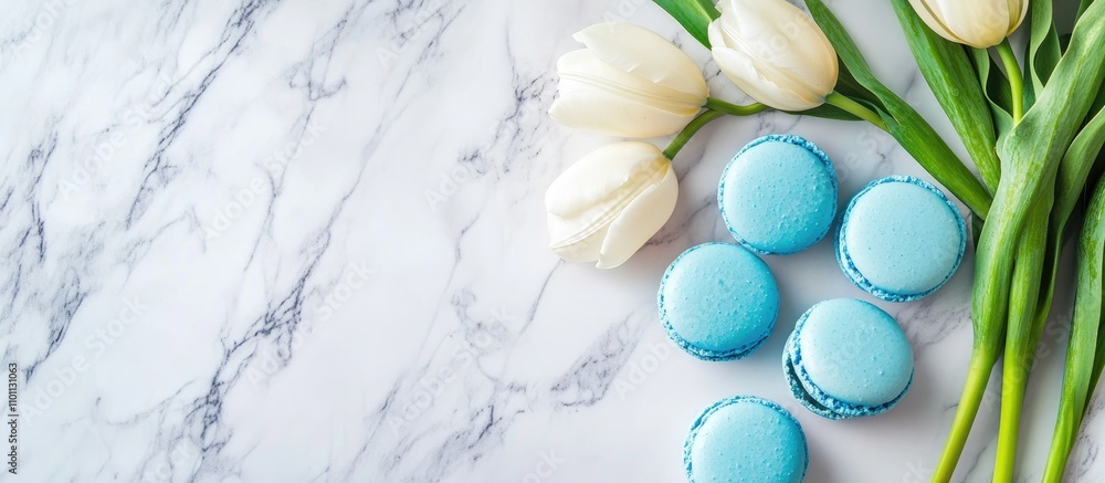 Fototapete Spring flowers and blue macarons on a marble table top view creating a vibrant greeting card background with ample copy space