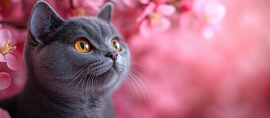 Scottish Fold cat with yellow eyes among blooming apple tree flowers on a vibrant pink backdrop celebrating summer's joyful beauty