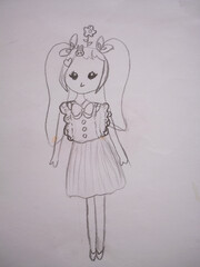 Pencil drawing of a girl with pigtails and creative decorations in her hair.