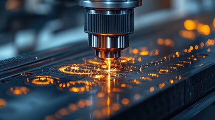 Close-up of a wind turbine blade being precision-cut by automated machines in a sustainable energy factory