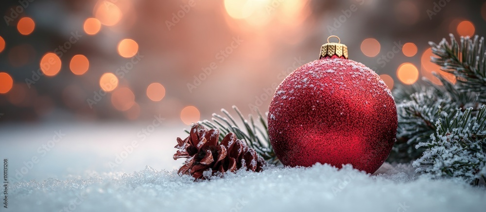 Poster festive christmas scene featuring a red ornament and pine cone on snow-covered fir branch with soft 