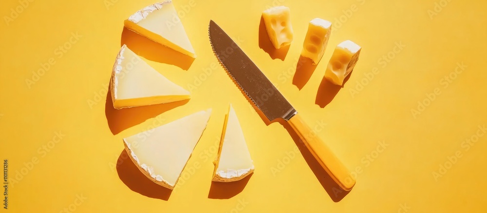 Poster cheese slices beautifully arranged in a flat lay with a vibrant yellow background featuring a cheese