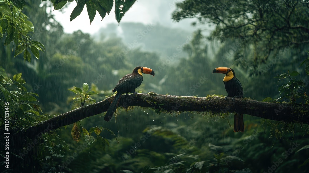 Poster two toucans perched on a branch in a lush rainforest, surrounded by vibrant greenery and misty mount