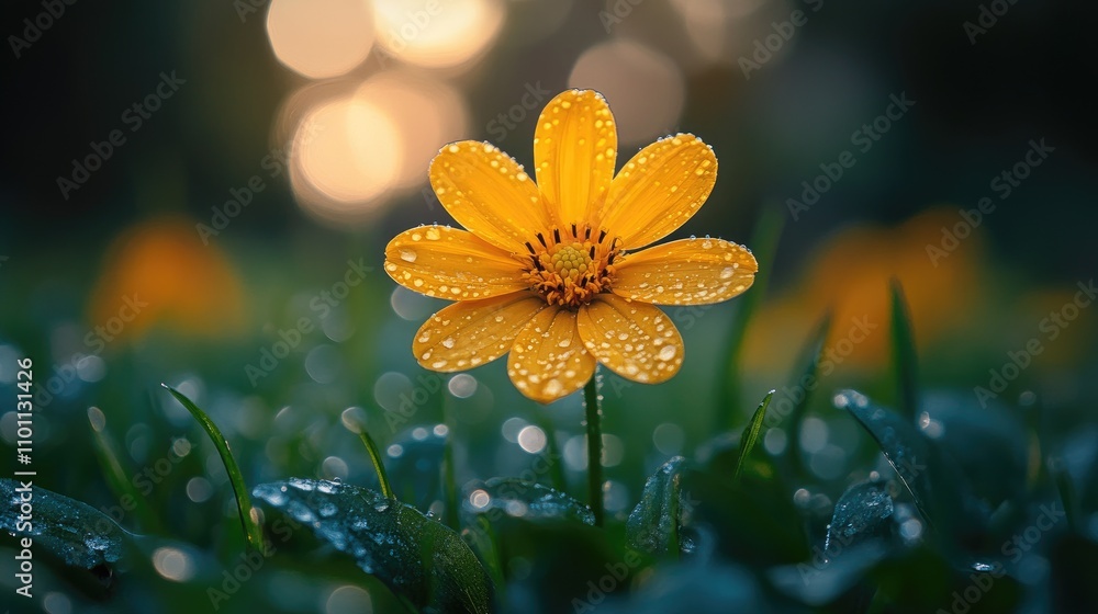 Poster buttercup flower blooming in dew-kissed green grass with sunlight bokeh creating a serene and vibran